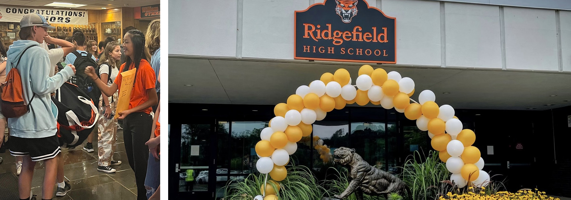 Ninth Grade Orientation and RHS Tiger Statue with balloons